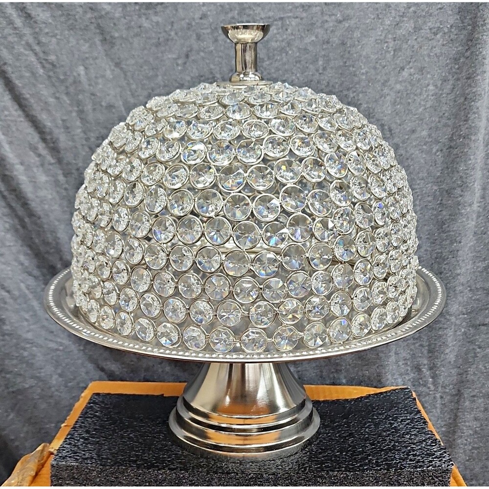 JINKYS 'Crystal' Cake Stand w/ Dome Lid, Silver Metal Clear Round 12in x 11in